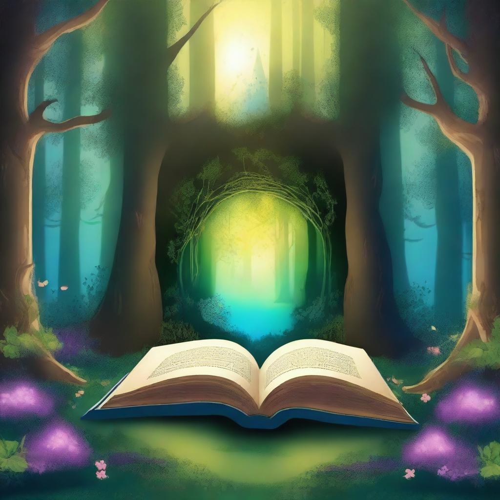 Create a captivating book cover featuring an enchanting forest scene with a mysterious glowing portal at its center