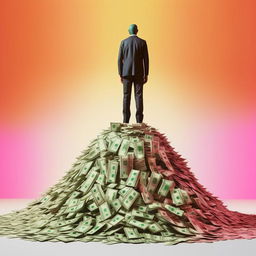 An anonymous man standing atop a pile of money in harmonious colors