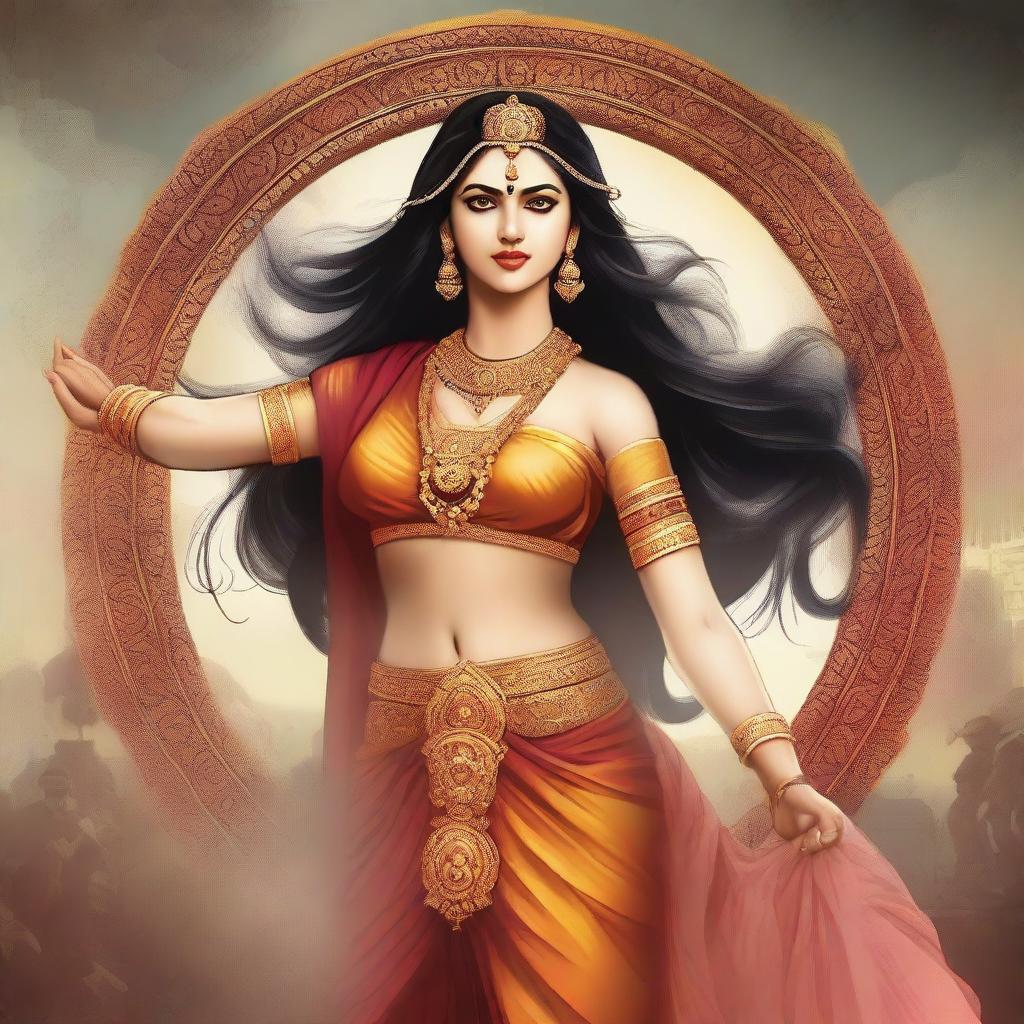 Create an image depicting Draupadi from the Mahabharata, surrounded by an aura of struggle and chaos