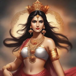 Create an image depicting Draupadi from the Mahabharata, surrounded by an aura of struggle and chaos