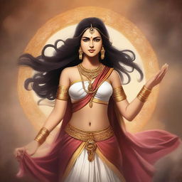 Create an image depicting Draupadi from the Mahabharata, surrounded by an aura of struggle and chaos