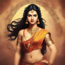 Create an image depicting Draupadi from the Mahabharata, surrounded by an aura of struggle and chaos