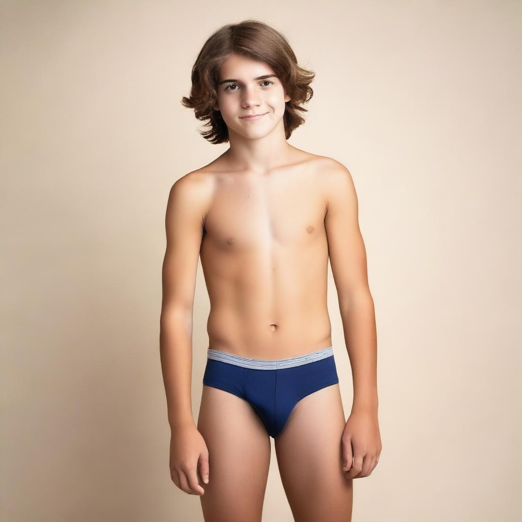 A beautiful teenage boy wearing only underwear, standing confidently with a neutral background