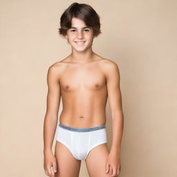 A beautiful teenage boy wearing only underwear, standing confidently with a neutral background