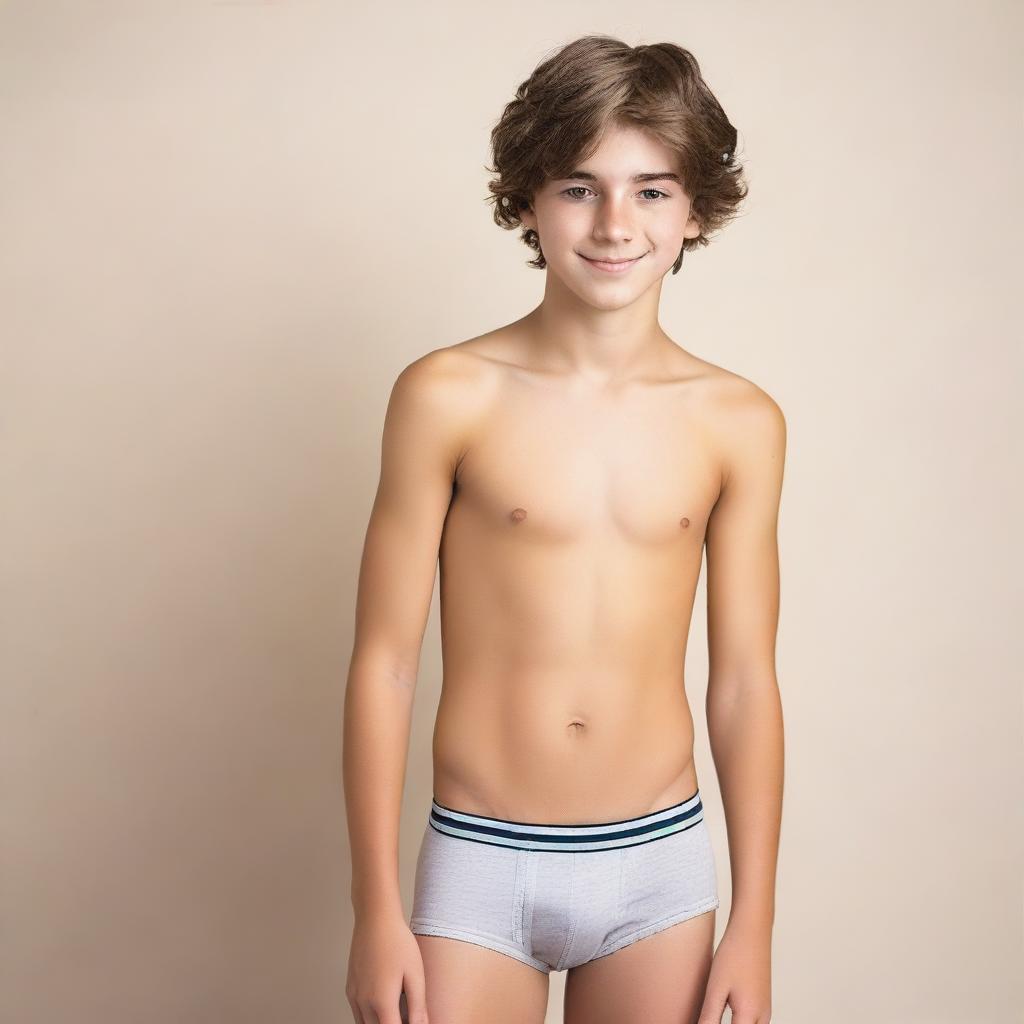 A beautiful teenage boy wearing only underwear, standing confidently with a neutral background