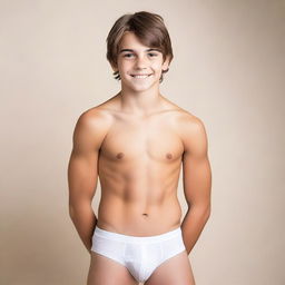 A beautiful teenage boy wearing only underwear, standing confidently with a neutral background