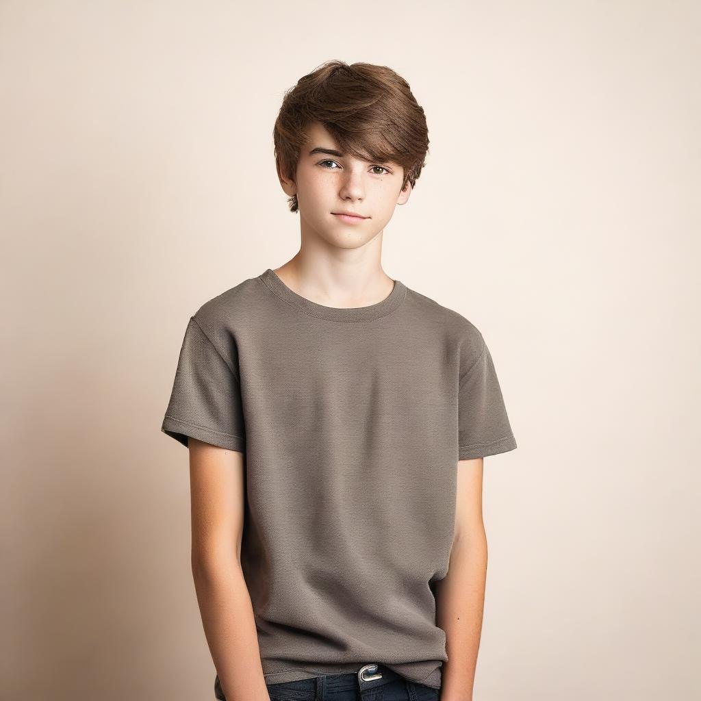 A handsome teenage boy wearing minimal clothing, standing confidently with a neutral background