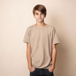 A handsome teenage boy wearing minimal clothing, standing confidently with a neutral background