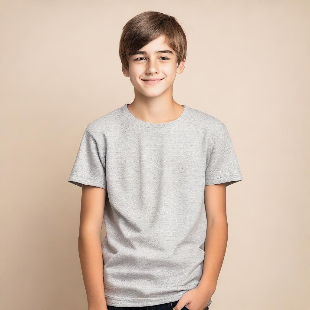 A handsome teenage boy wearing minimal clothing, standing confidently with a neutral background