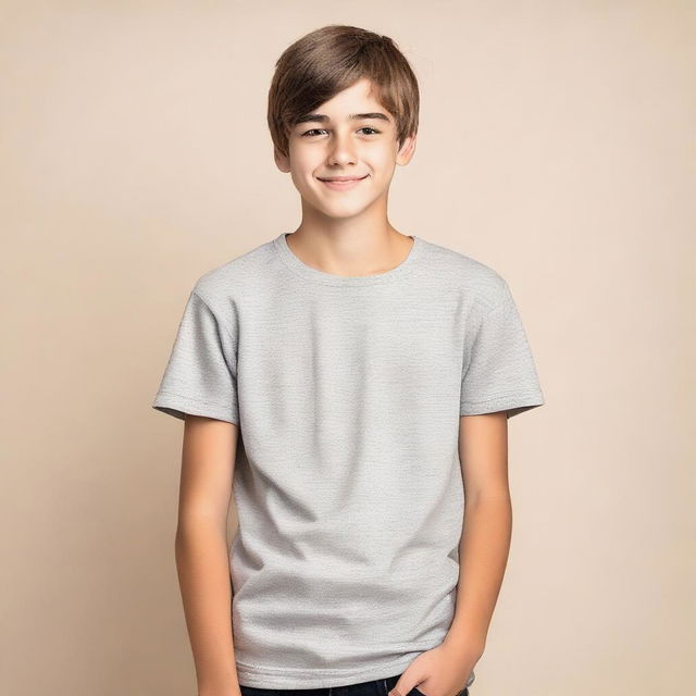 A handsome teenage boy wearing minimal clothing, standing confidently with a neutral background