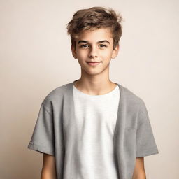 A handsome teenage boy wearing minimal clothing, standing confidently with a neutral background