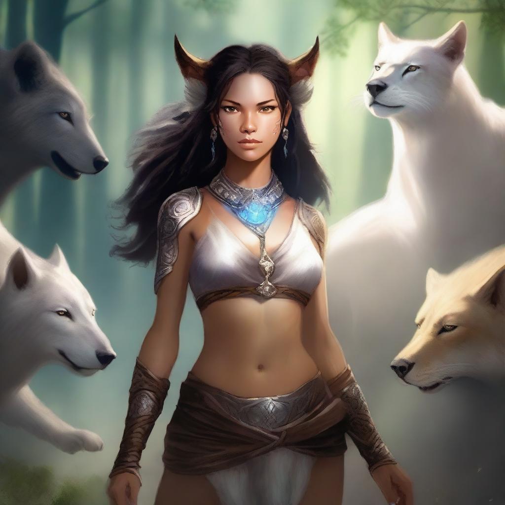 A female shifter character, depicted in a fantasy setting, showcasing her ability to transform into different animals