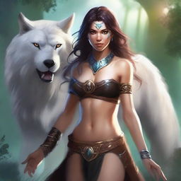 A female shifter character, depicted in a fantasy setting, showcasing her ability to transform into different animals