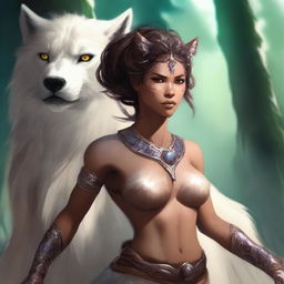 A female shifter character, depicted in a fantasy setting, showcasing her ability to transform into different animals