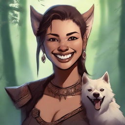 A female shifter character, depicted in a fantasy setting, smiling and showing her canine teeth