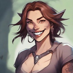 A female shifter character, depicted in a fantasy setting, smiling and showing her canine teeth