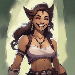 A female shifter character, depicted in a fantasy setting, smiling and showing her canine teeth