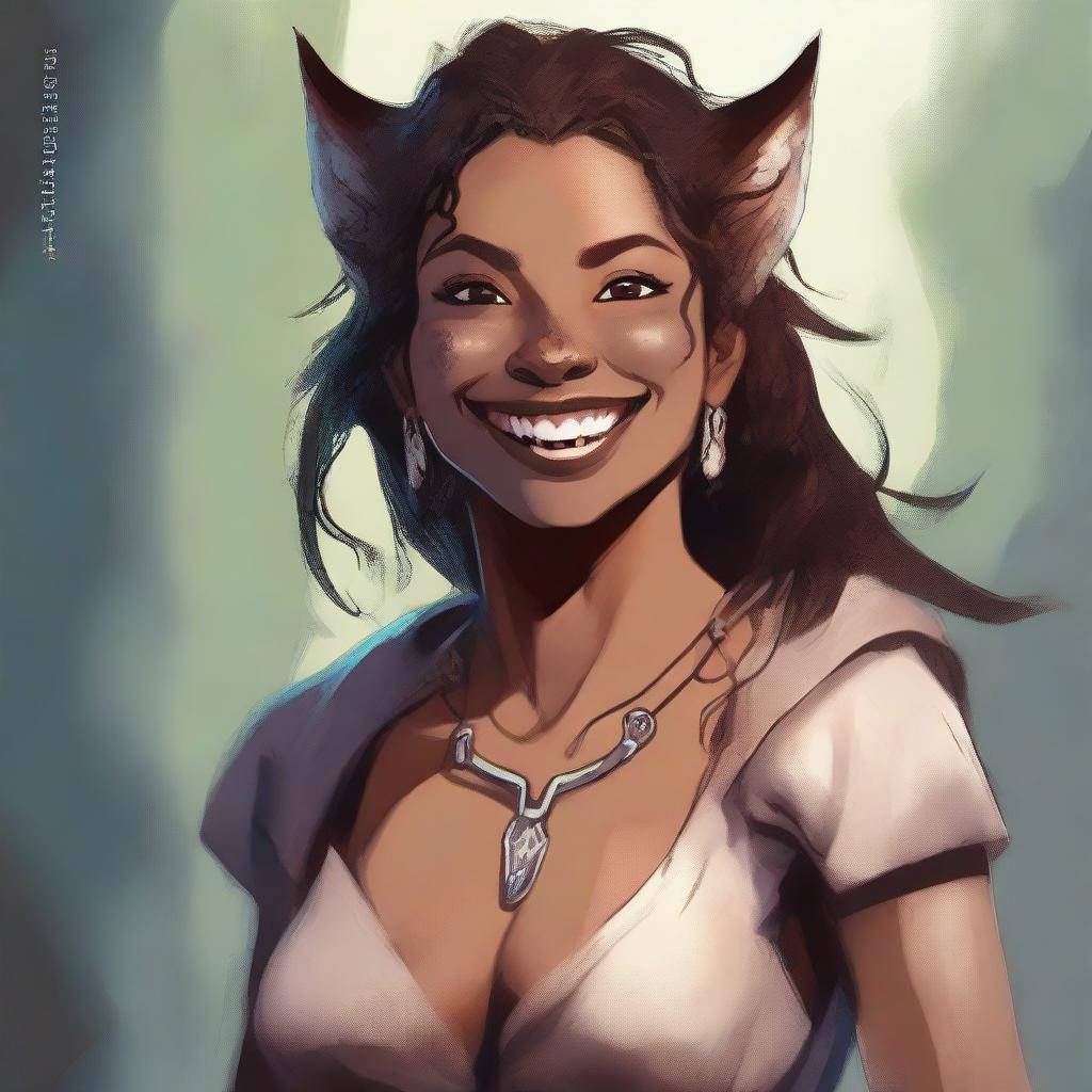 A female shifter character, depicted in a fantasy setting, smiling and showing her canine teeth