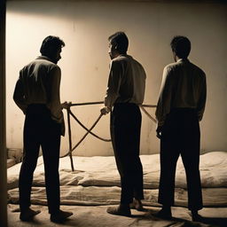 The back view of two men, one man holding a rope, the other with the rope tied around his neck, and the back of a bed in the background