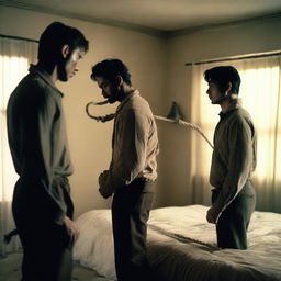 The back view of two men, one man holding a rope, the other with the rope tied around his neck, and the back of a bed in the background