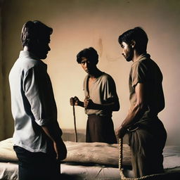 The back view of two men, one man holding a rope, the other with the rope tied around his neck, and the back of a bed in the background