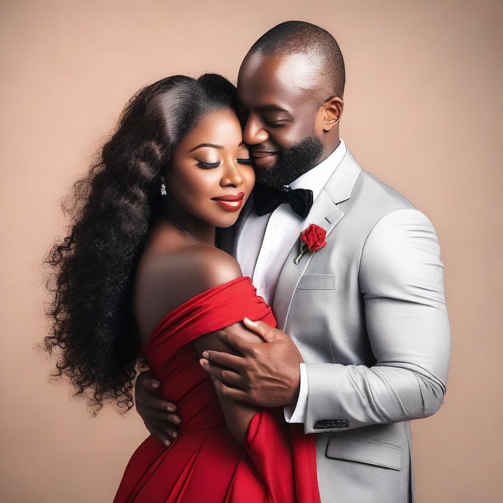 A beautiful black woman wearing a long red dress is embracing a handsome black man