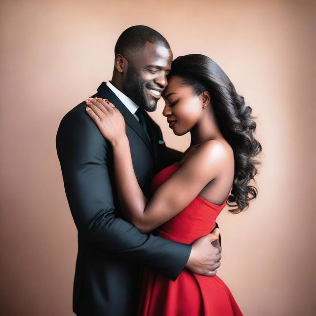 A beautiful black woman wearing a long red dress is embracing a handsome black man