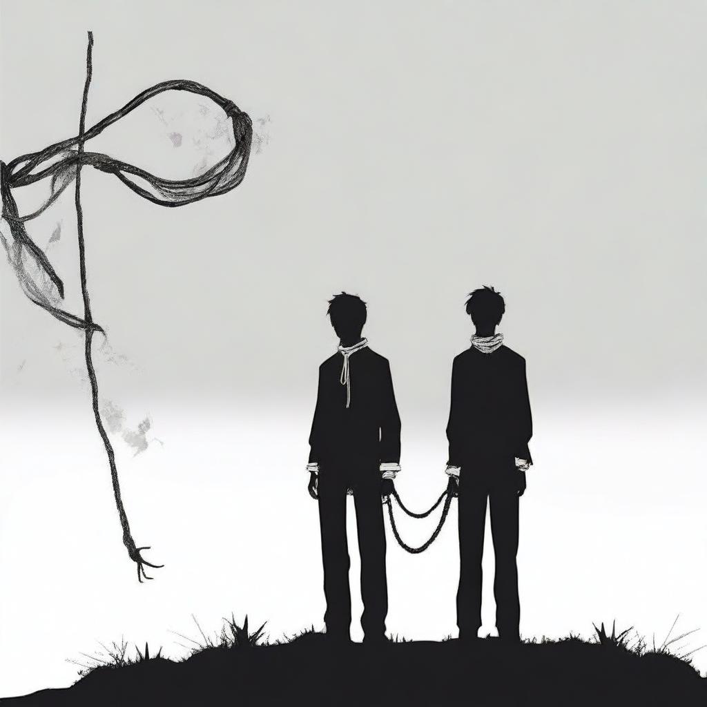 A crime novel book cover on a white background featuring the silhouettes of two male manga characters: one with a rope tied around his neck, and the other one standing