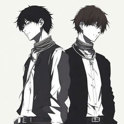 A crime novel book cover on a white background featuring the silhouettes of two male manga characters: one with a rope tied around his neck, and the other one standing