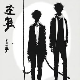 A crime novel book cover on a white background featuring the silhouettes of two male manga characters: one with a rope tied around his neck, and the other one standing