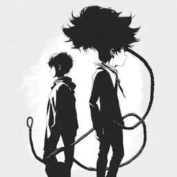 A crime novel book cover on a white background featuring the silhouettes of two male manga characters: one with a rope tied around his neck, and the other one standing