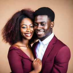 A beautiful black woman wearing a burgundy dress is embracing a young black man who appears to be around 20 years old