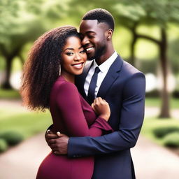 A beautiful black woman wearing a burgundy dress is embracing a young black man who appears to be around 20 years old