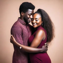 A beautiful black woman wearing a burgundy dress is embracing a young black man who appears to be around 20 years old