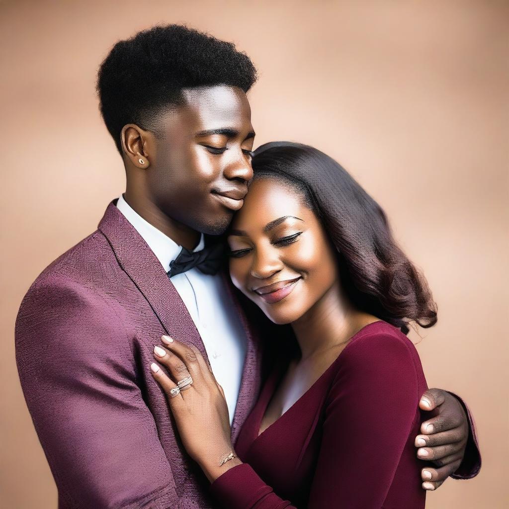 A beautiful black woman wearing a burgundy dress is embracing a young black man who appears to be around 20 years old