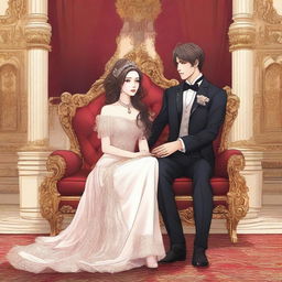 A love triangle scene featuring a pretty girl sitting on a throne