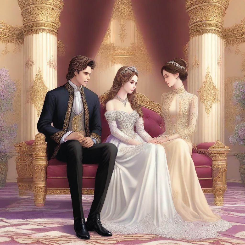 A love triangle scene featuring a pretty girl sitting on a throne