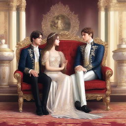 A love triangle scene featuring a pretty girl sitting on a throne