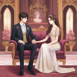 A love triangle scene featuring a pretty girl sitting on a throne