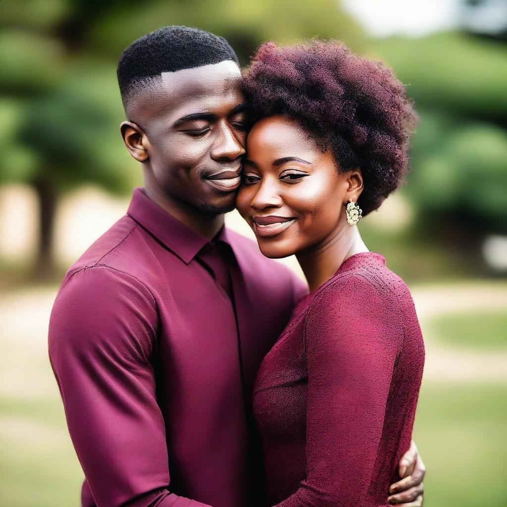 A beautiful black woman wearing a burgundy dress is embracing a young black man who appears to be around 20 years old with very short hair