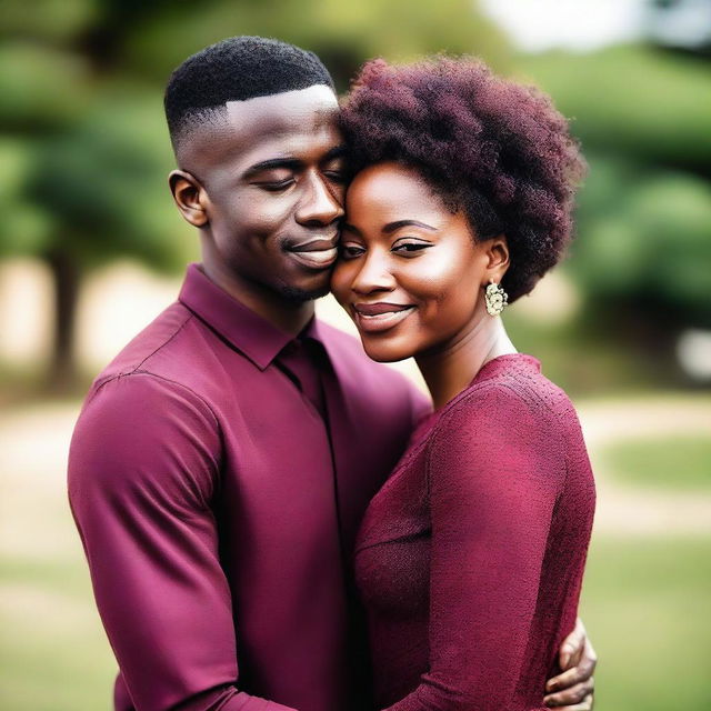 A beautiful black woman wearing a burgundy dress is embracing a young black man who appears to be around 20 years old with very short hair