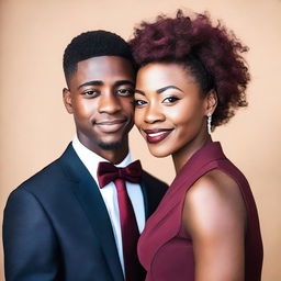 A beautiful black woman wearing a burgundy dress is embracing a young black man who appears to be around 20 years old with very short hair