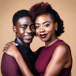 A beautiful black woman wearing a burgundy dress is embracing a young black man who appears to be around 20 years old with very short hair