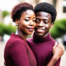 A beautiful black woman wearing a burgundy dress is embracing a young black man who appears to be around 20 years old with very short hair