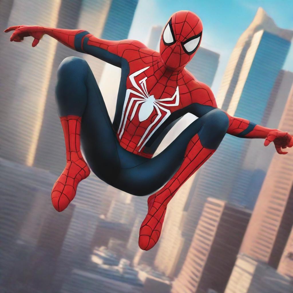 An Asian version of Spider-Man swinging through the city, wearing a sleek, modern Spider-Man suit with intricate Asian-inspired designs