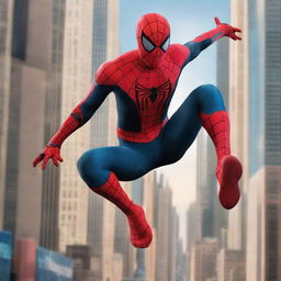 An Asian version of Spider-Man swinging through the city, wearing a sleek, modern Spider-Man suit with intricate Asian-inspired designs