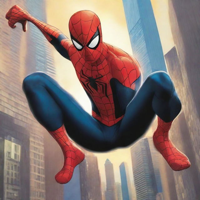 An Asian version of Spider-Man swinging through the city, wearing a sleek, modern Spider-Man suit with intricate Asian-inspired designs