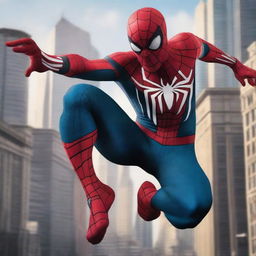 An Asian version of Spider-Man swinging through the city, wearing a sleek, modern Spider-Man suit with intricate Asian-inspired designs