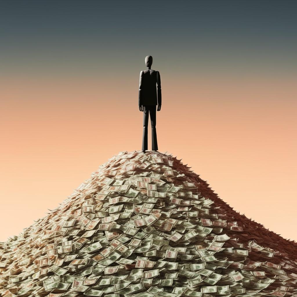 An anonymous man standing atop a pile of money in harmonious colors