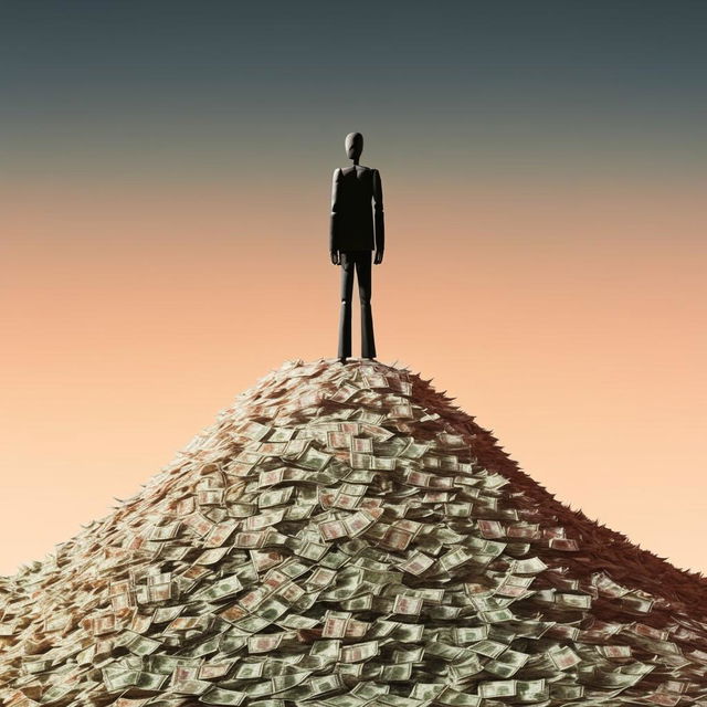 An anonymous man standing atop a pile of money in harmonious colors